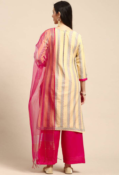Beige Cotton Embroidered Unstitched Salwar Suit Material - Rajnandini