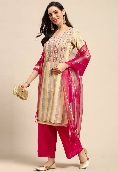 Beige Cotton Embroidered Unstitched Salwar Suit Material - Rajnandini