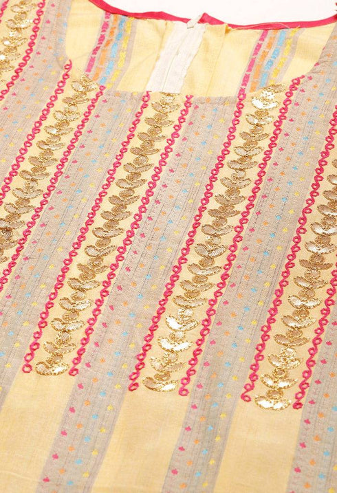 Beige Cotton Embroidered Unstitched Salwar Suit Material - Rajnandini