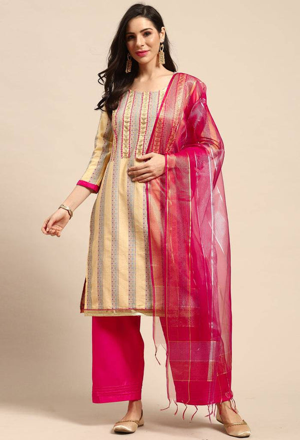 Beige Cotton Embroidered Unstitched Salwar Suit Material - Rajnandini