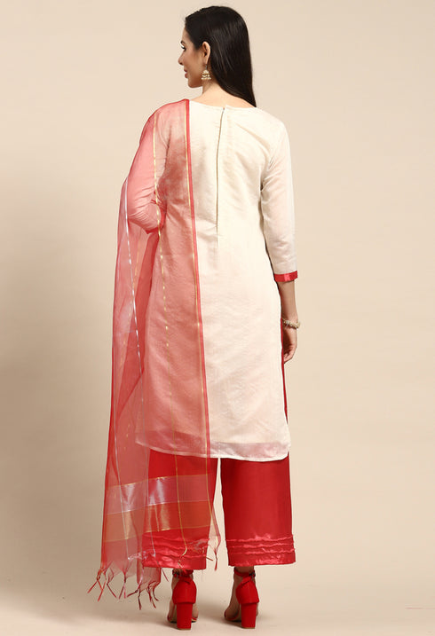 Beige And Red Chanderi Silk Embroidered Unstitched Salwar Suit Material - Rajnandini