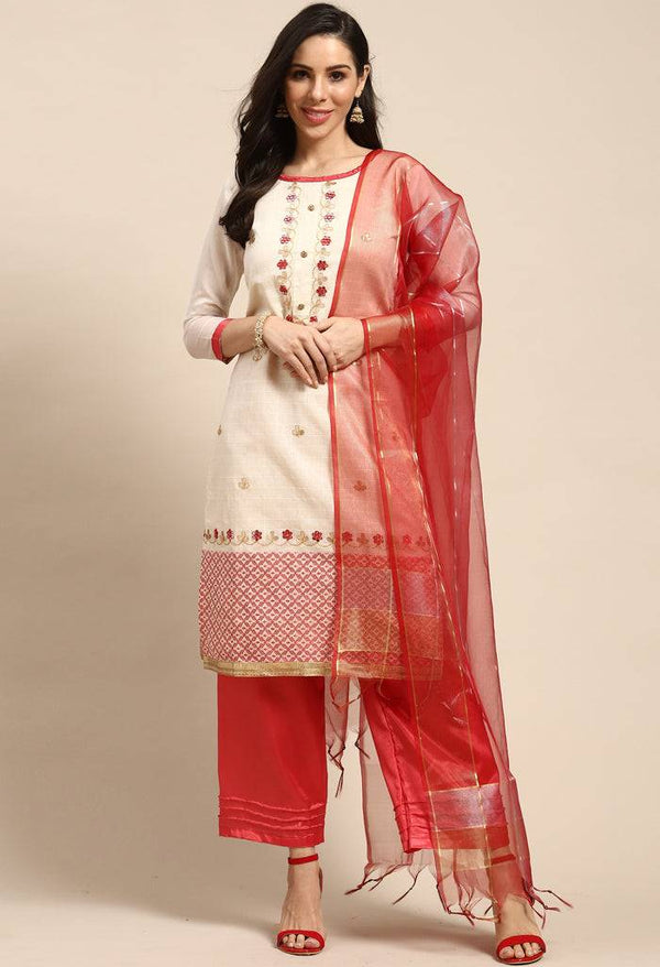 Beige And Red Chanderi Silk Embroidered Unstitched Salwar Suit Material - Rajnandini