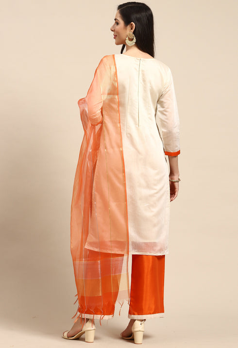 Beige And Orange Chanderi Silk Embroidered Unstitched Salwar Suit Material - Rajnandini