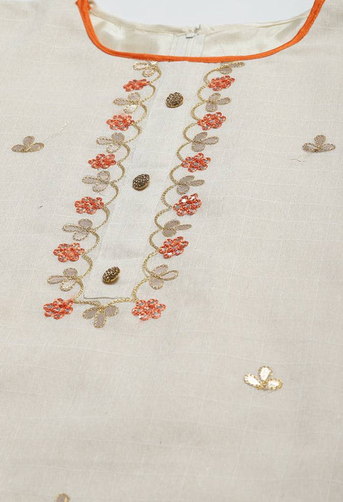 Beige And Orange Chanderi Silk Embroidered Unstitched Salwar Suit Material - Rajnandini