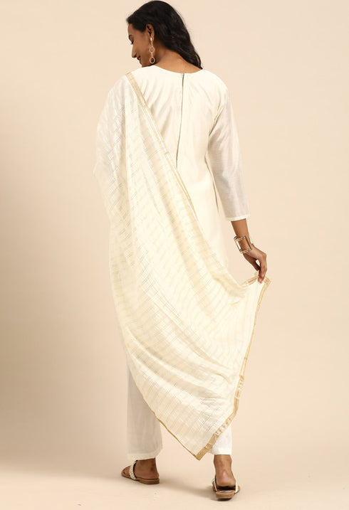 Off-White chanderi silk Embroidered Unstitched Salwar Suit Material