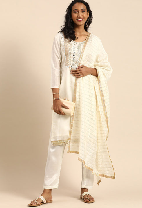 Off-White chanderi silk Embroidered Unstitched Salwar Suit Material