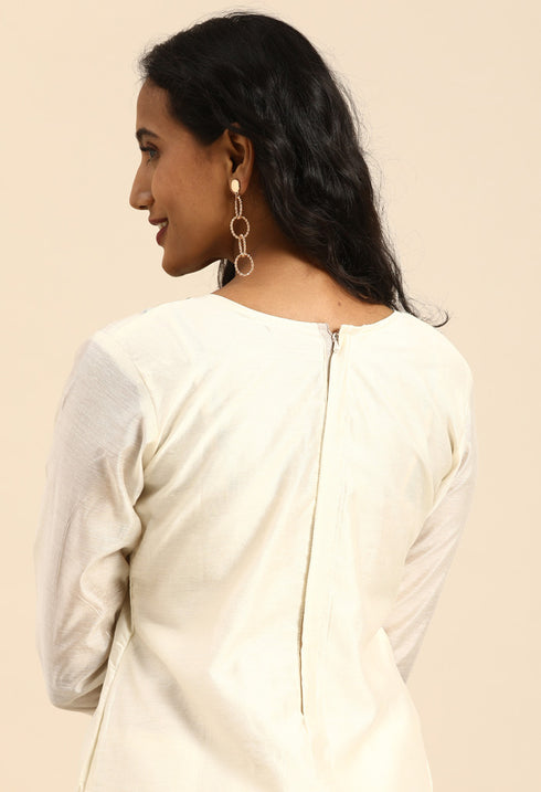 Off-White chanderi silk Embroidered Unstitched Salwar Suit Material