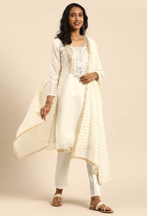 Off-White chanderi silk Embroidered Unstitched Salwar Suit Material