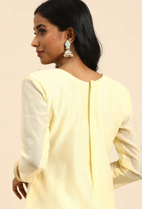 Light Yellow chanderi silk Embroidered Unstitched Salwar Suit Material