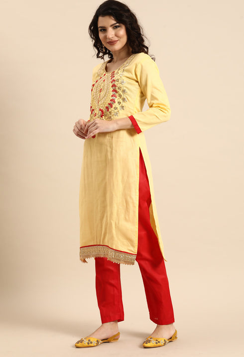 Yellow Glass Cotton Embroidered Unstitched Salwar Suit Material