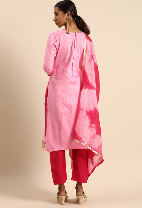 Pink Glass Cotton Embroidered Unstitched Salwar Suit Material