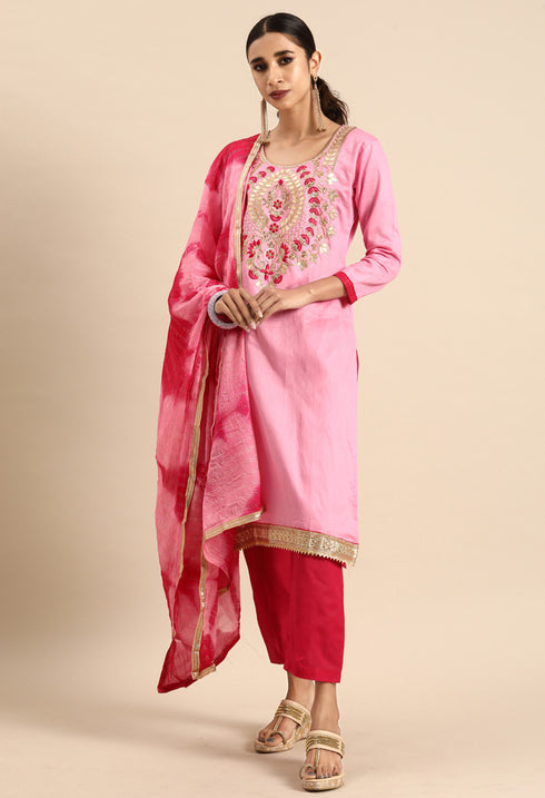 Pink Glass Cotton Embroidered Unstitched Salwar Suit Material
