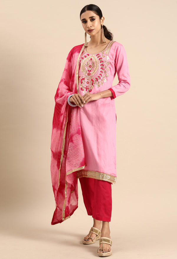 Pink Glass Cotton Embroidered Unstitched Salwar Suit Material