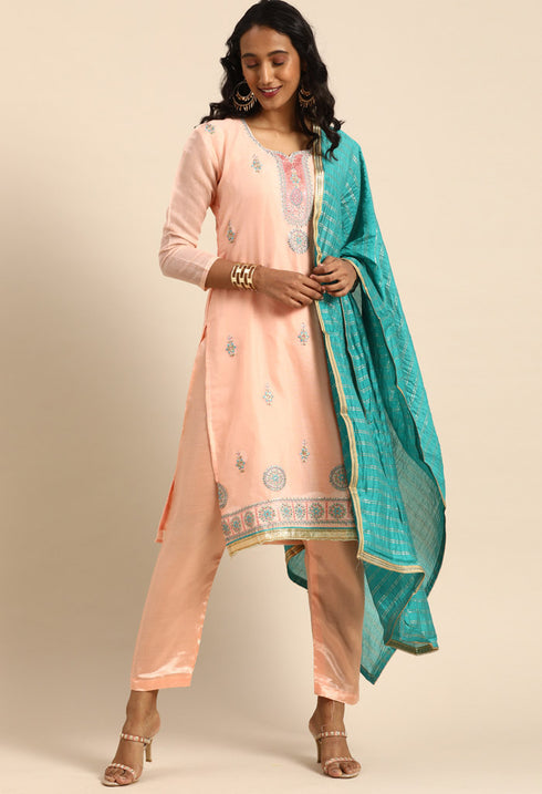 Peach chanderi silk Embroidered Unstitched Salwar Suit Material