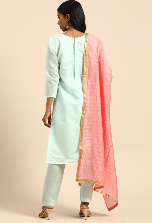 Turquoise chanderi silk Embroidered Unstitched Salwar Suit Material