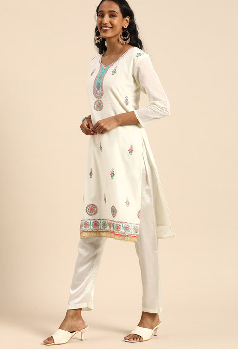 White chanderi silk Embroidered Unstitched Salwar Suit Material