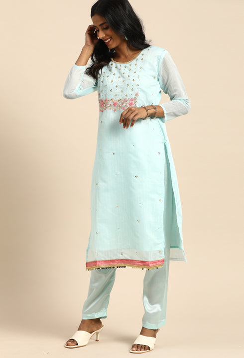 Sky Blue chanderi silk Embroidered Unstitched Salwar Suit Material