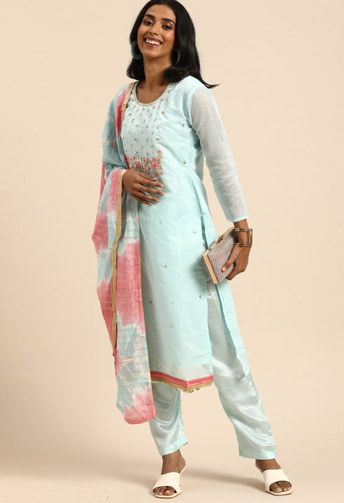 Sky Blue chanderi silk Embroidered Unstitched Salwar Suit Material