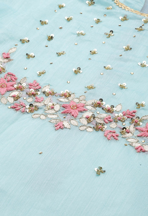 Sky Blue chanderi silk Embroidered Unstitched Salwar Suit Material