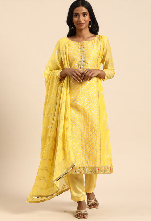 Yellow chanderi silk Embroidered Unstitched Salwar Suit Material