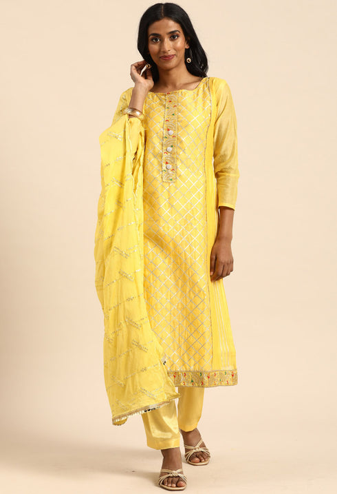 Yellow chanderi silk Embroidered Unstitched Salwar Suit Material