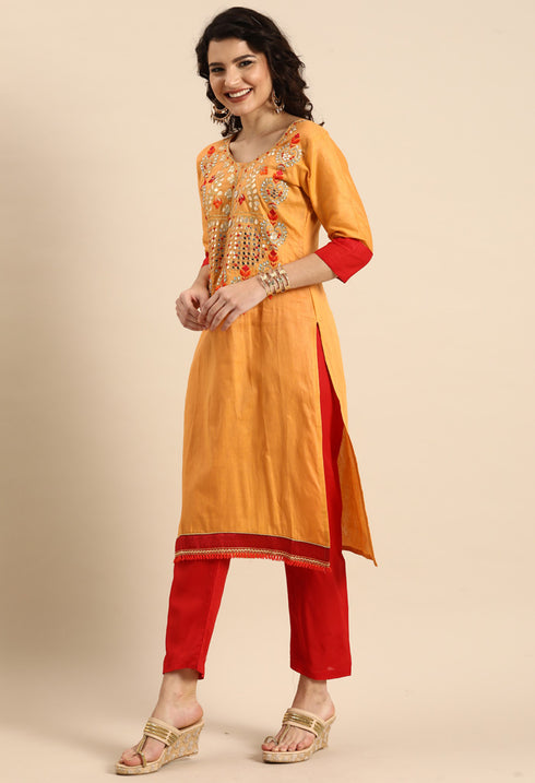 Orange Glass Cotton Embroidered Unstitched Salwar Suit Material