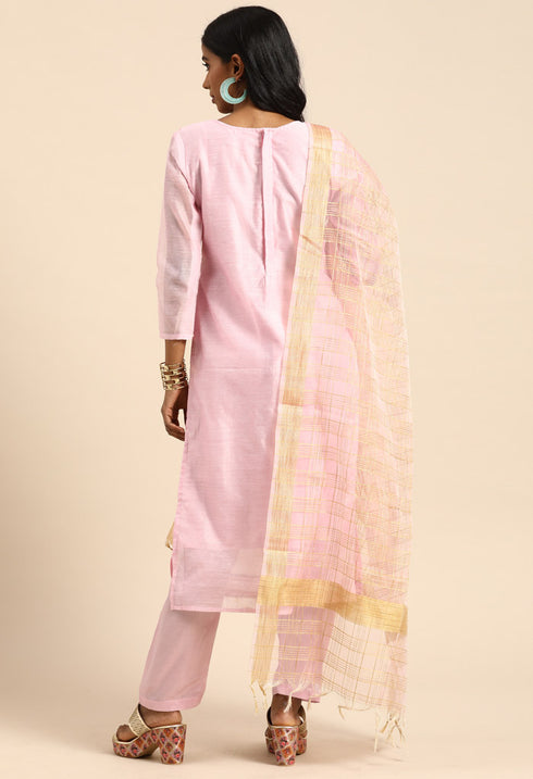 Pink chanderi silk Embroidered Unstitched Salwar Suit Material