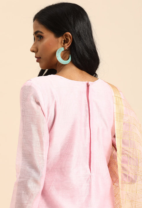 Pink chanderi silk Embroidered Unstitched Salwar Suit Material