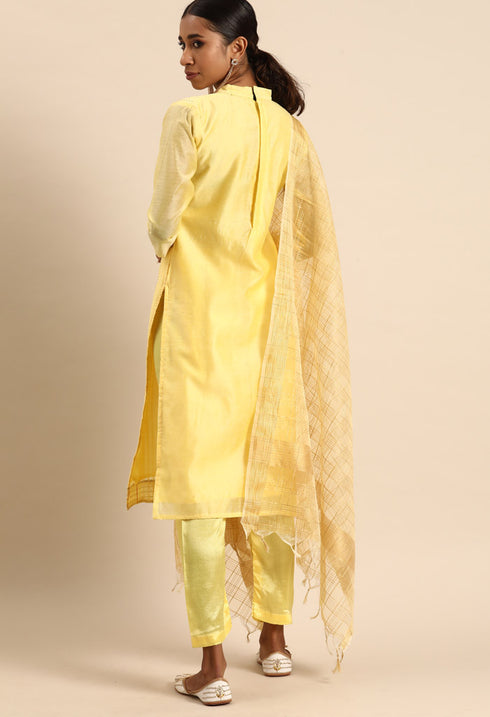 Yellow chanderi silk Embroidered Unstitched Salwar Suit Material
