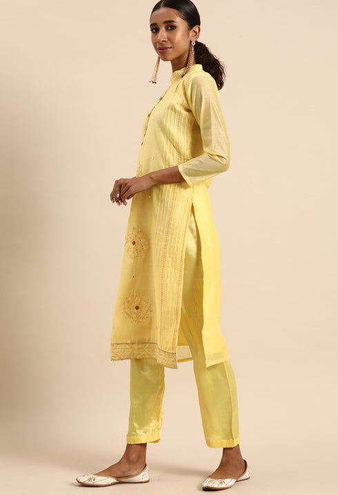 Yellow chanderi silk Embroidered Unstitched Salwar Suit Material