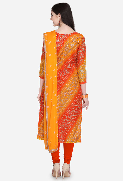 Orange Silk Kota Cotton Hand Work Unstitched Salwar Suit Material