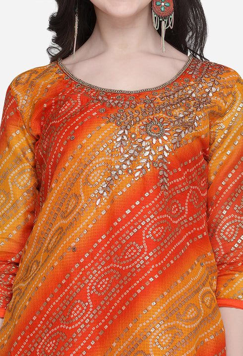 Orange Silk Kota Cotton Hand Work Unstitched Salwar Suit Material