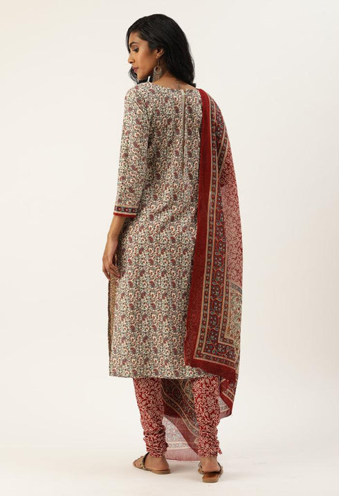 White And Maroon Pure Jaipuri Cambric Cotton Printed Unstitched Salwar Suit Material