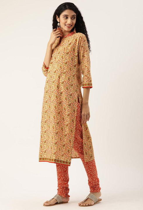 White And Orange Pure Jaipuri Cambric Cotton Printed Unstitched Salwar Suit Material