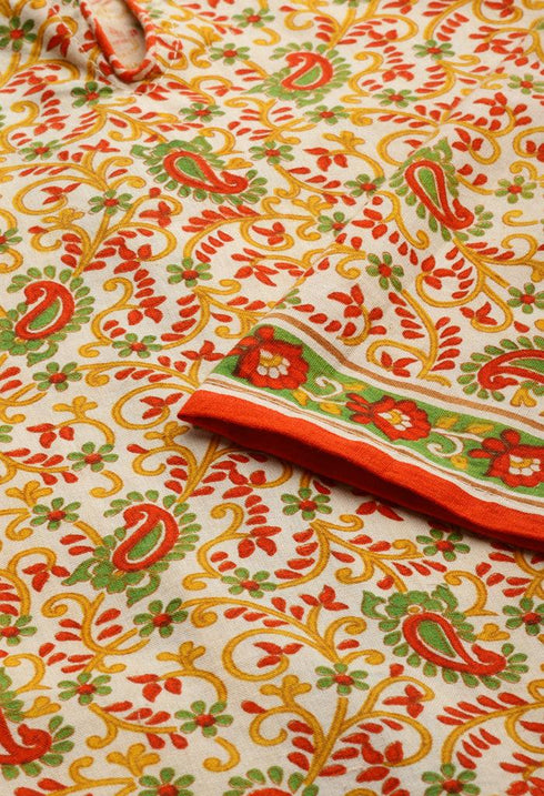 White And Orange Pure Jaipuri Cambric Cotton Printed Unstitched Salwar Suit Material