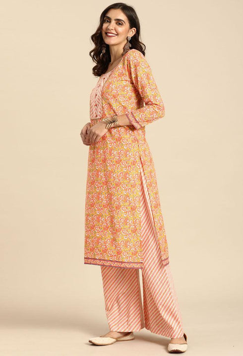 Mustard And Peach Pure Cambric Cotton Printed Unstitched Salwar Suit Material