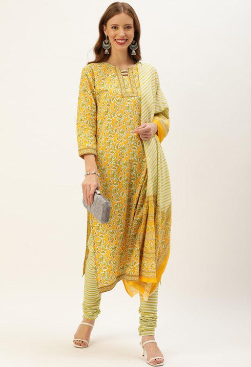 Yellow And Green Pure Cambric Cotton Printed Unstitched Salwar Suit Material