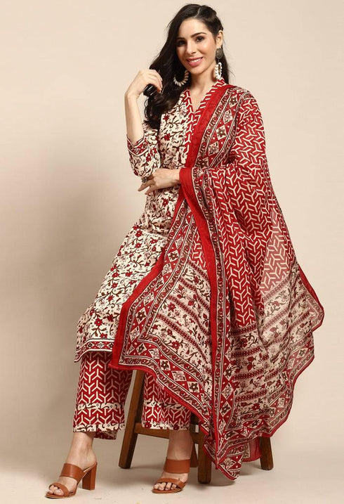 Beige Pure Cambric Cotton Printed Unstitched Salwar Suit Material