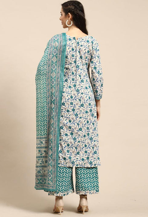 White Pure Cambric Cotton Printed Unstitched Salwar Suit Material