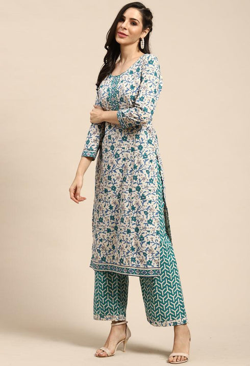 White Pure Cambric Cotton Printed Unstitched Salwar Suit Material