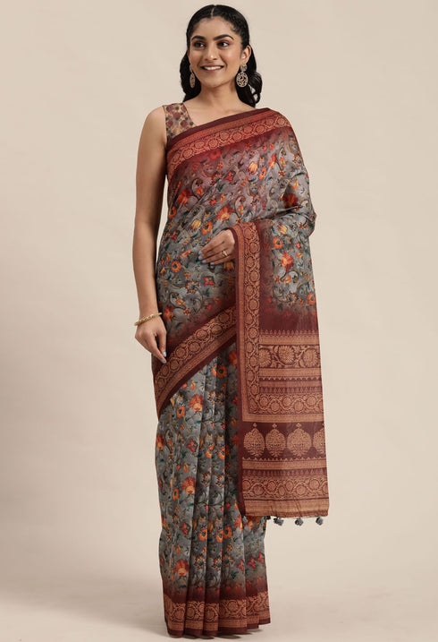 Grey & Brown Cotton Silk Kalamkari Printed Traditional Saree