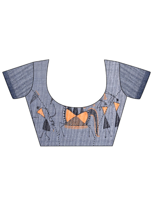 Orange Linen Cotton Printed Traditional Saree