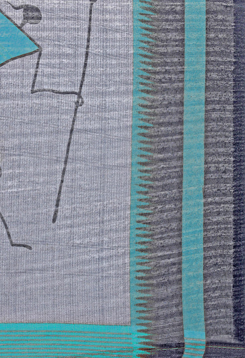 Sky Blue Linen Cotton Printed Traditional Saree