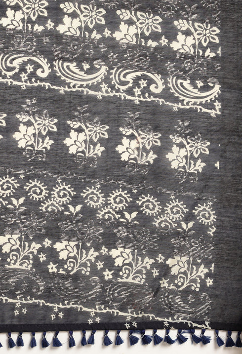 Navy Blue & White Maheshwari Silk Printed Traditional Saree