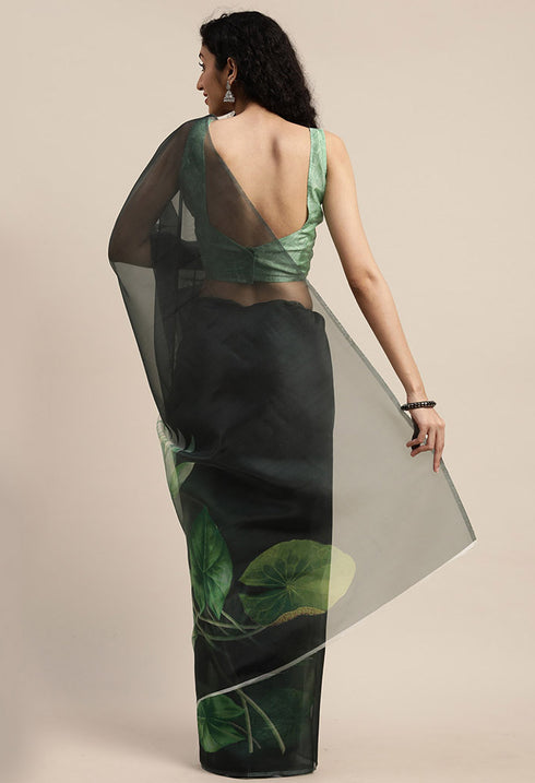 Bottle Green Organza Printed Traditional Saree