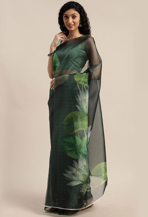 Bottle Green Organza Printed Traditional Saree