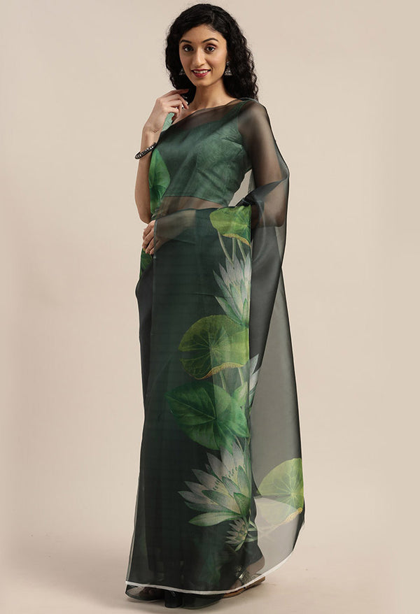 Bottle Green Organza Printed Traditional Saree