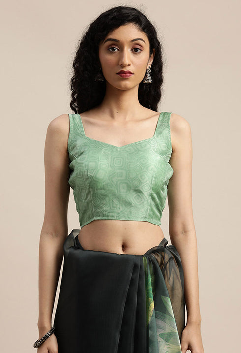 Bottle Green Organza Printed Traditional Saree