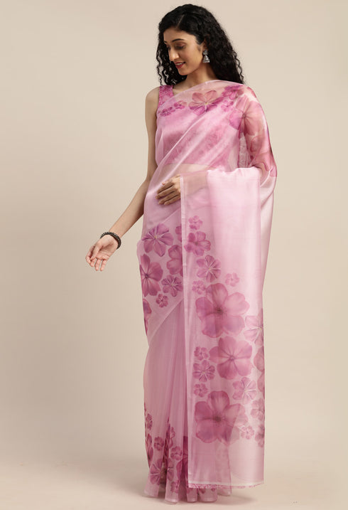 Light Purple Organza Printed Traditional Saree