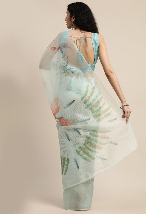 Light Aqua Green Organza Printed Traditional Saree